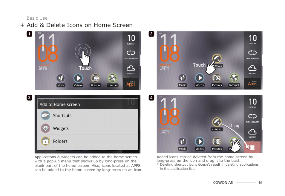 Add & delete icons on home screen | COWON A5 User Manual | Page 16 / 28
