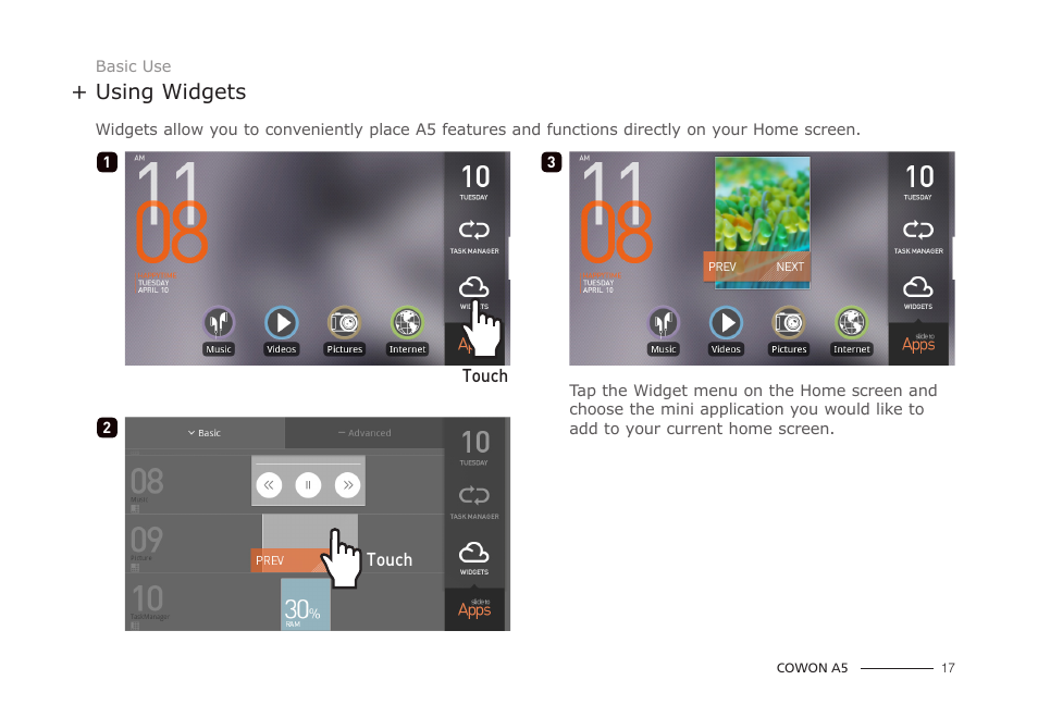 Using widgets | COWON A5 User Manual | Page 17 / 28
