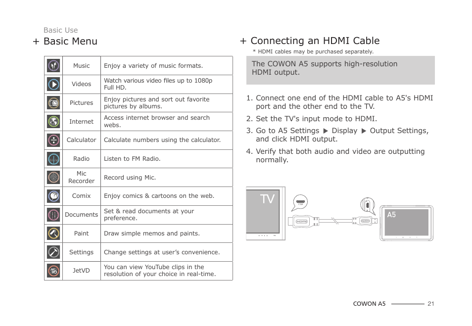 Basic menu, Connecting an hdmi cable | COWON A5 User Manual | Page 21 / 28