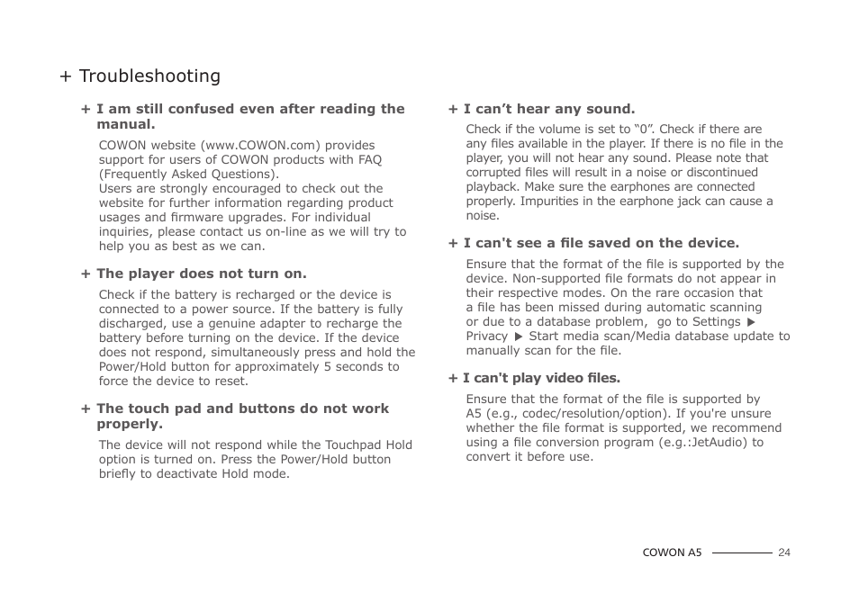 Troubleshooting | COWON A5 User Manual | Page 24 / 28