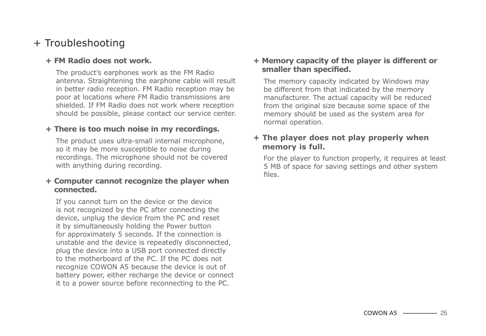 Troubleshooting | COWON A5 User Manual | Page 25 / 28