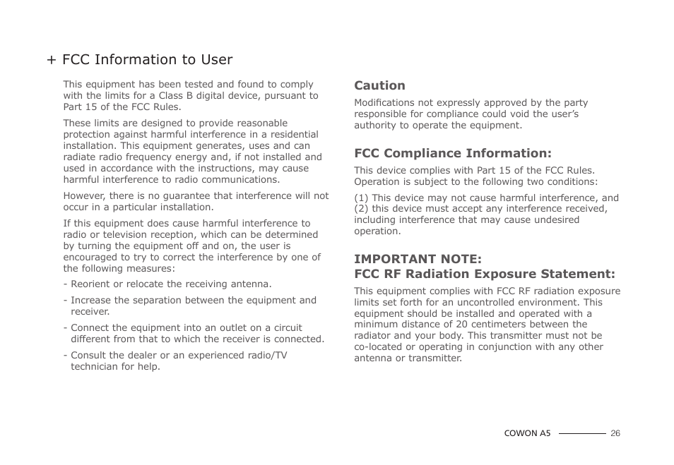 Fcc information to user | COWON A5 User Manual | Page 26 / 28