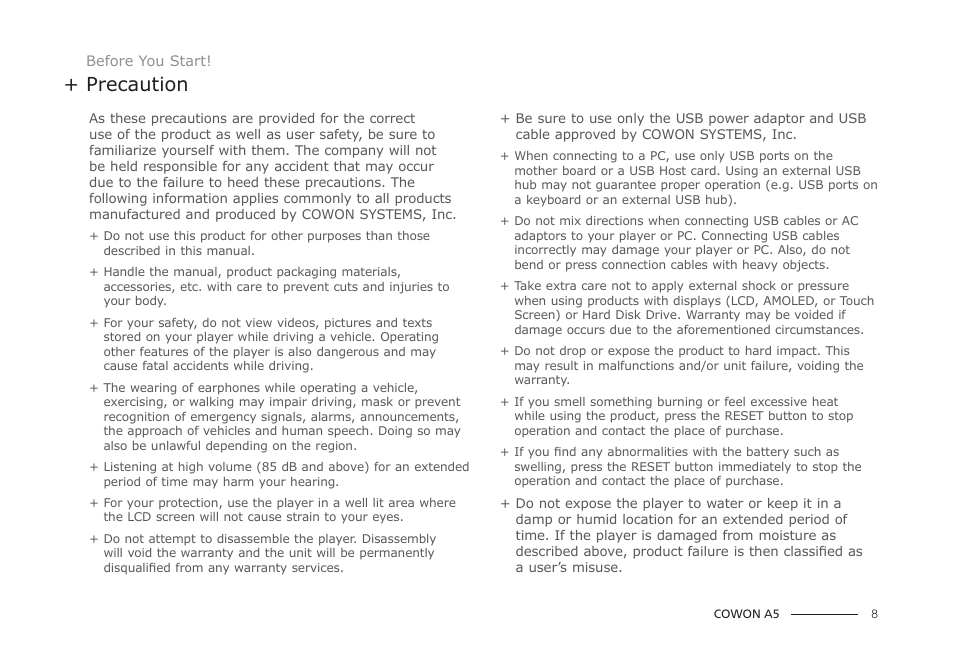 Precaution | COWON A5 User Manual | Page 8 / 28