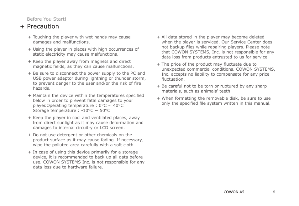 Precaution | COWON A5 User Manual | Page 9 / 28
