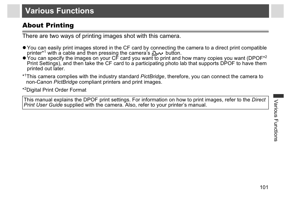 Various functions, About printing | Canon A95 User Manual | Page 103 / 163