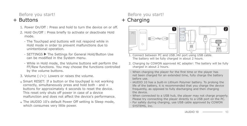 Buttons, Charging | COWON iAUDIO 10 User Manual | Page 10 / 24