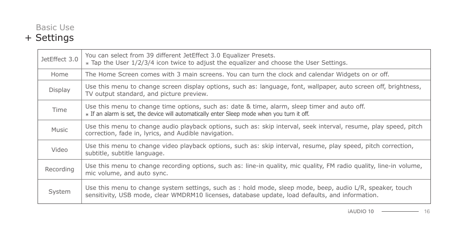 Settings | COWON iAUDIO 10 User Manual | Page 16 / 24