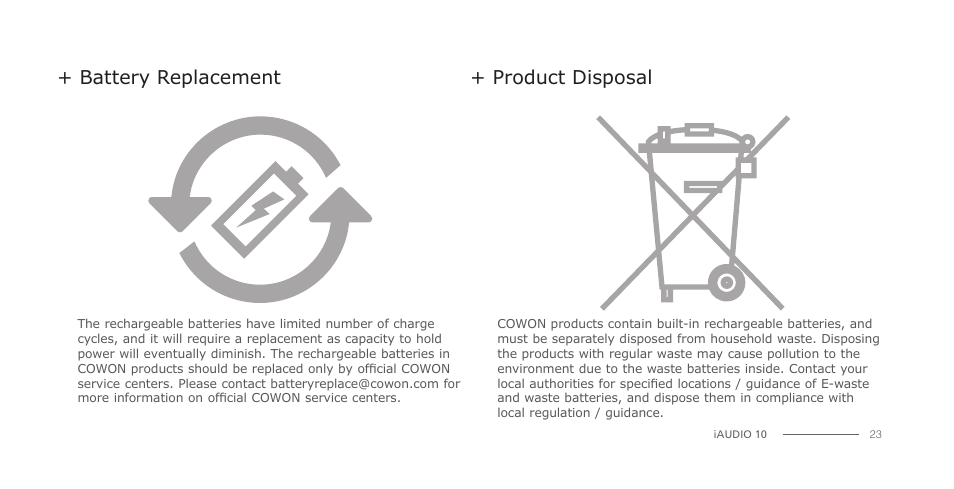 Battery replacement + product disposal | COWON iAUDIO 10 User Manual | Page 23 / 24