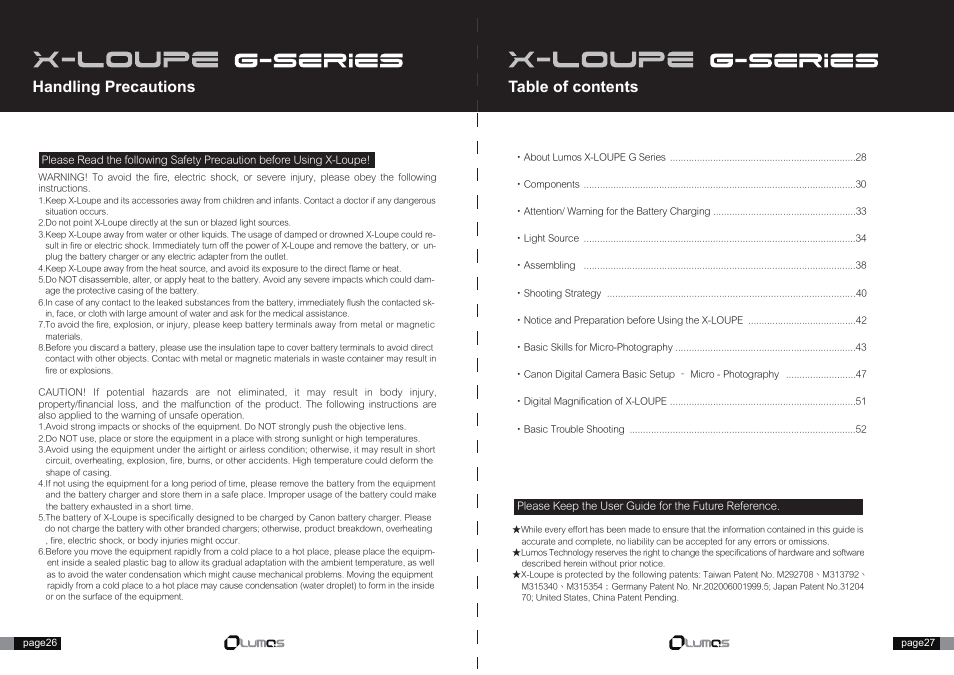 27.pdf, Handling precautions table of contents | Canon X-Loupe User Manual | Page 2 / 16