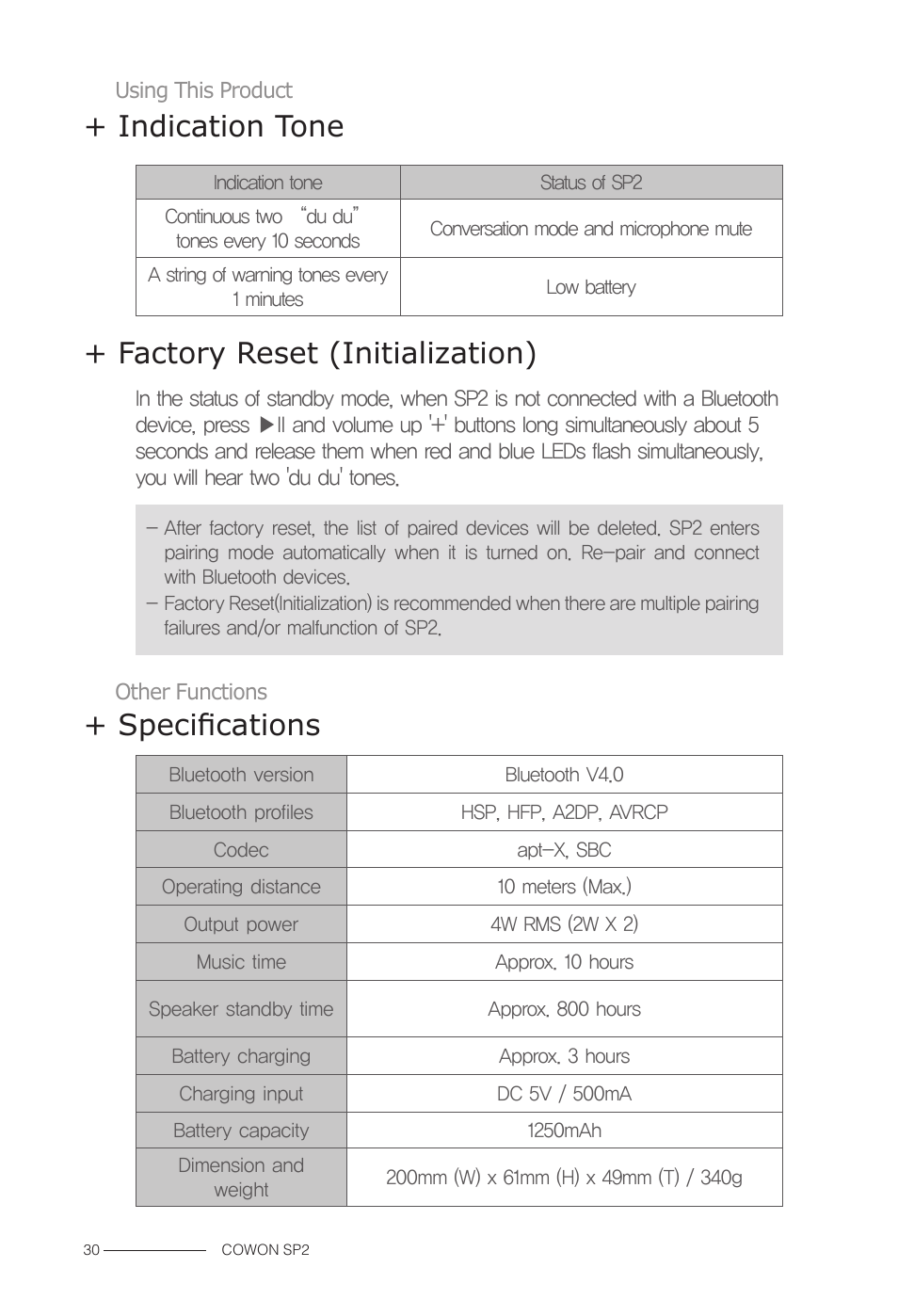 Indication tone, Factory reset (initialization), Specifications | COWON SP2 User Manual | Page 13 / 17