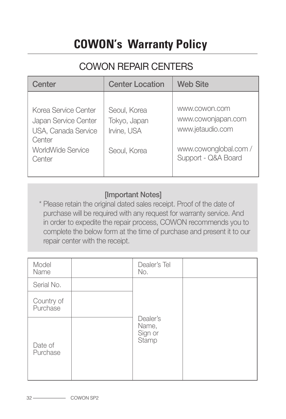 Cowon’s warranty policy, Cowon repair centers | COWON SP2 User Manual | Page 15 / 17