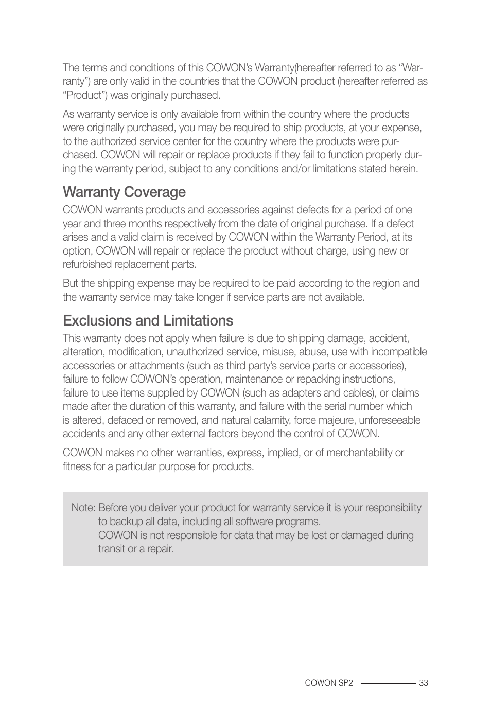 Cowon’s warranty policy, Warranty coverage, Exclusions and limitations | COWON SP2 User Manual | Page 16 / 17