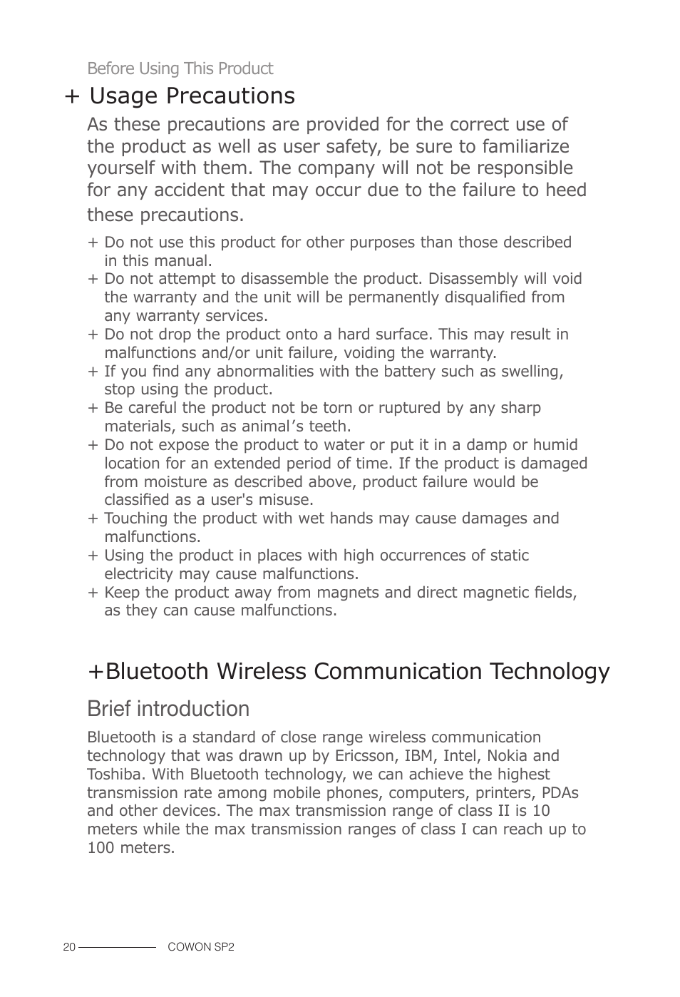 Usage precautions | COWON SP2 User Manual | Page 3 / 17