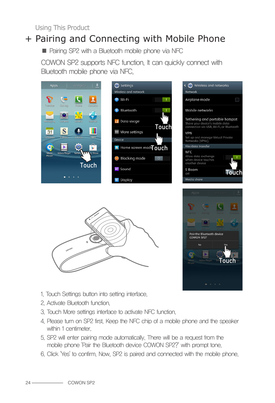 Pairing and connecting with mobile phone | COWON SP2 User Manual | Page 7 / 17