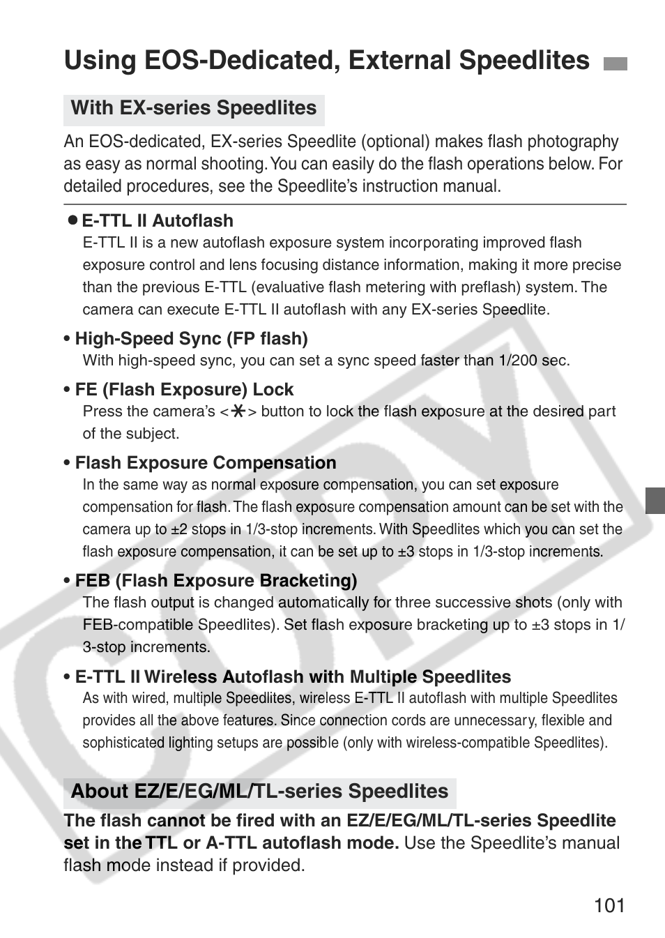 Using eos-dedicated, external speedlites | Canon EOS Rebel XT User Manual | Page 101 / 172