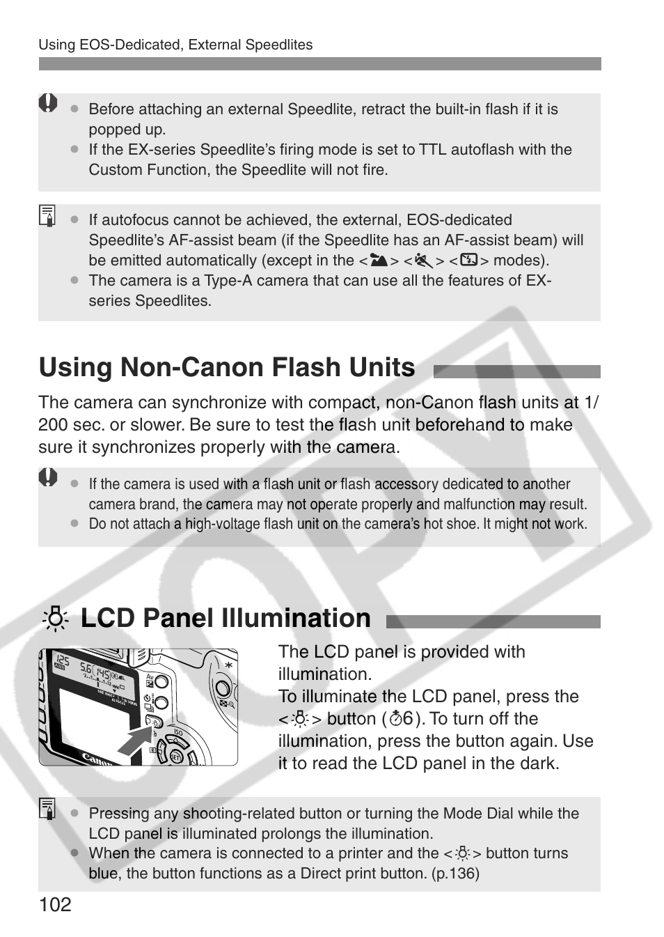 Using non-canon flash units, U lcd panel illumination | Canon EOS Rebel XT User Manual | Page 102 / 172