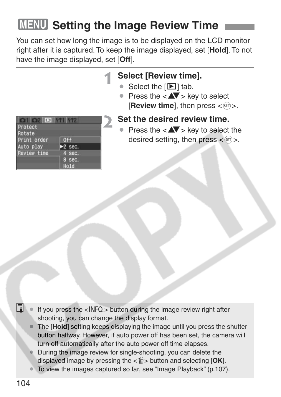 Setting the image review time | Canon EOS Rebel XT User Manual | Page 104 / 172