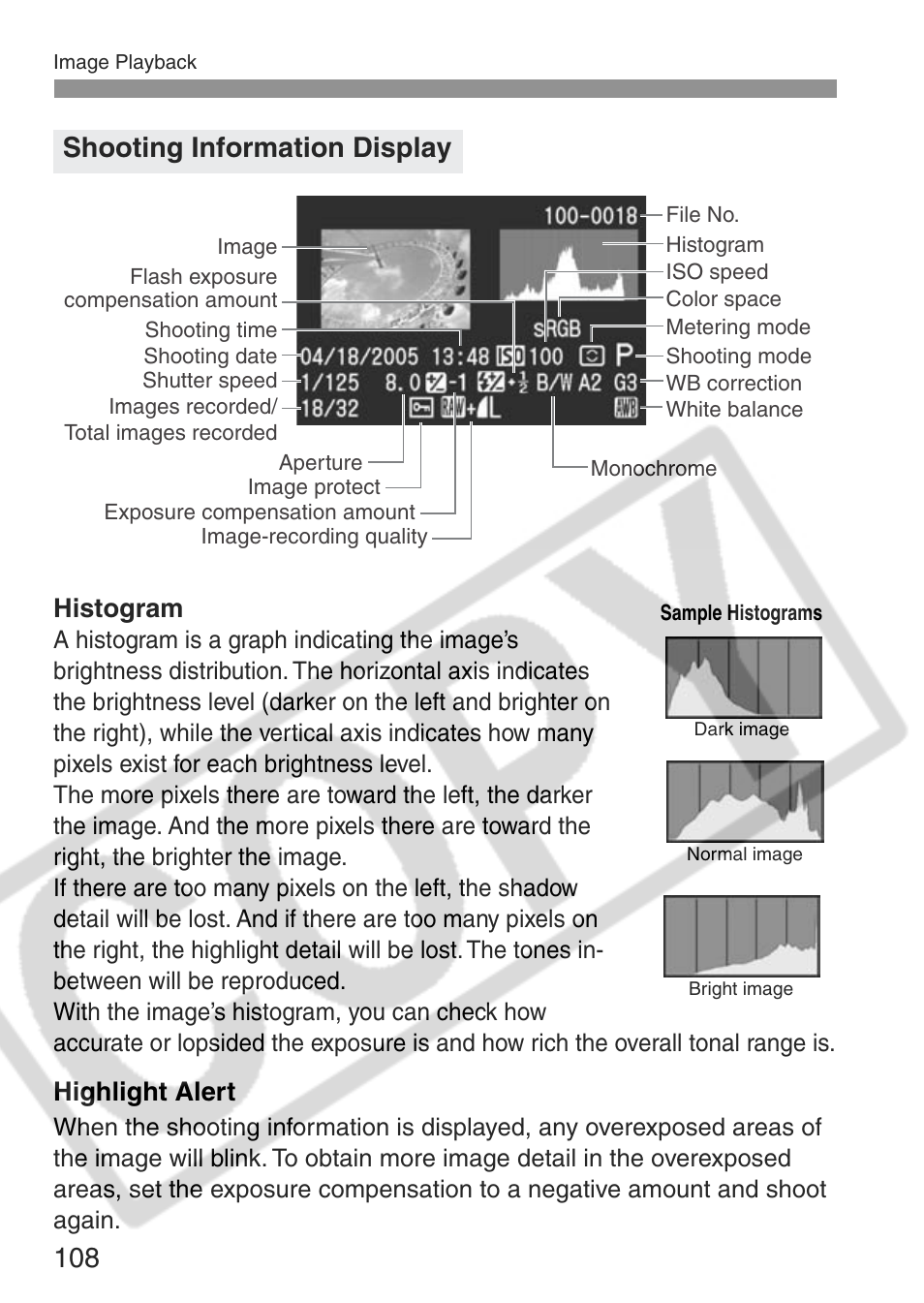 Shooting information display, Histogram, Highlight alert | Canon EOS Rebel XT User Manual | Page 108 / 172