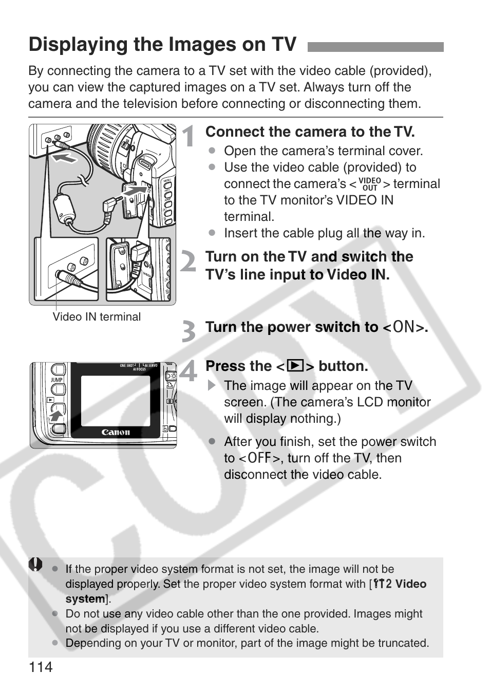 Displaying the images on tv | Canon EOS Rebel XT User Manual | Page 114 / 172