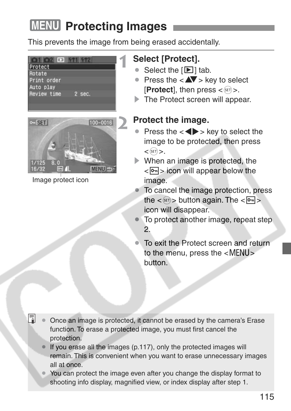 Protecting images | Canon EOS Rebel XT User Manual | Page 115 / 172