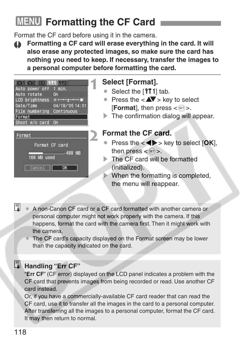 Formatting the cf card | Canon EOS Rebel XT User Manual | Page 118 / 172