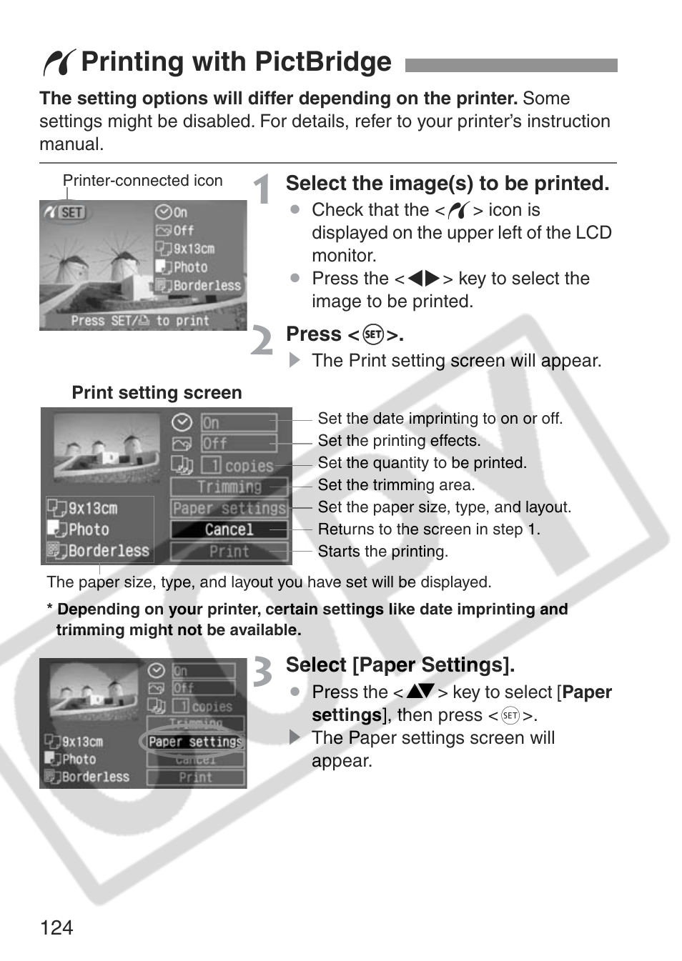 W printing with pictbridge | Canon EOS Rebel XT User Manual | Page 124 / 172