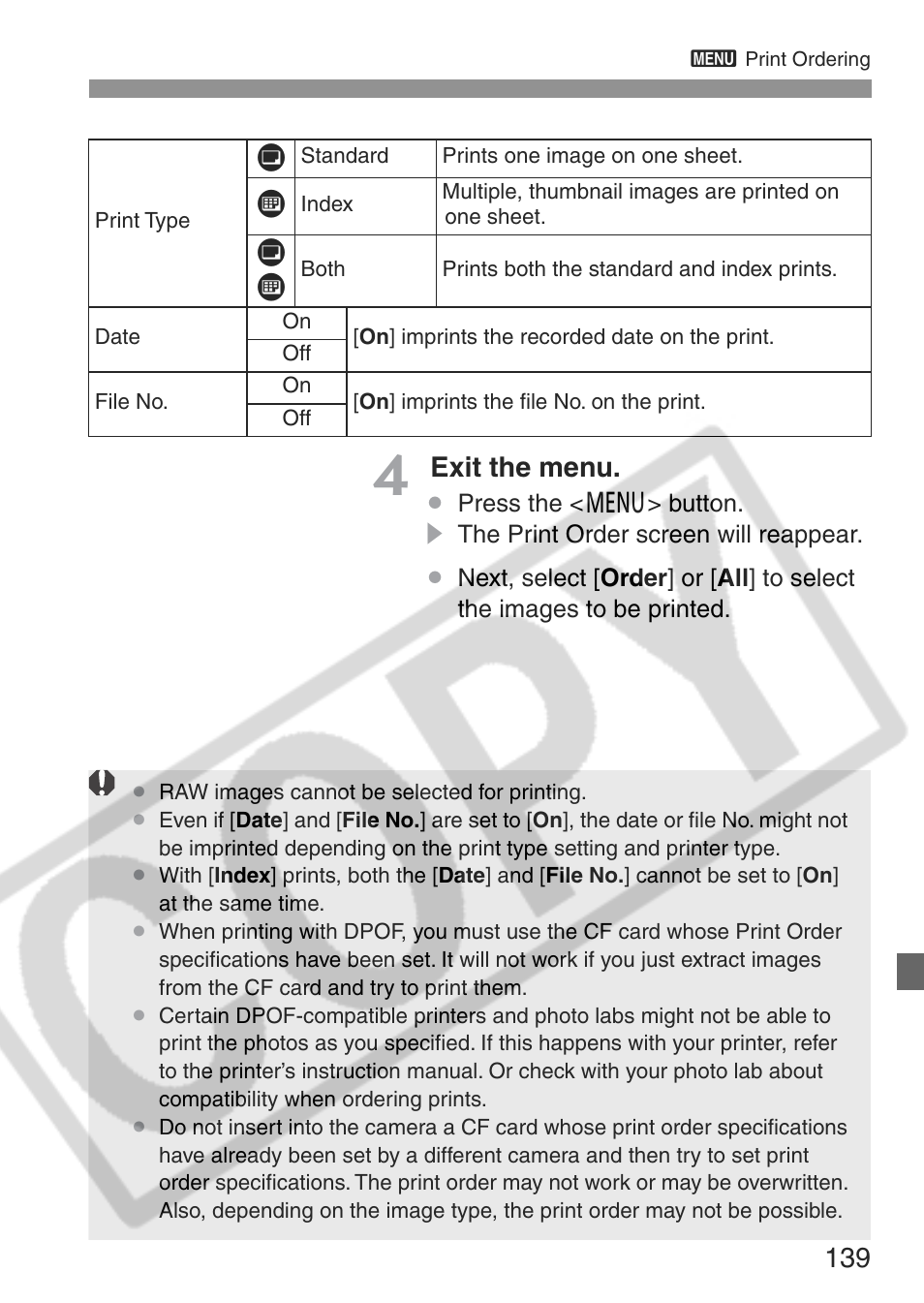 Exit the menu, K l l k | Canon EOS Rebel XT User Manual | Page 139 / 172