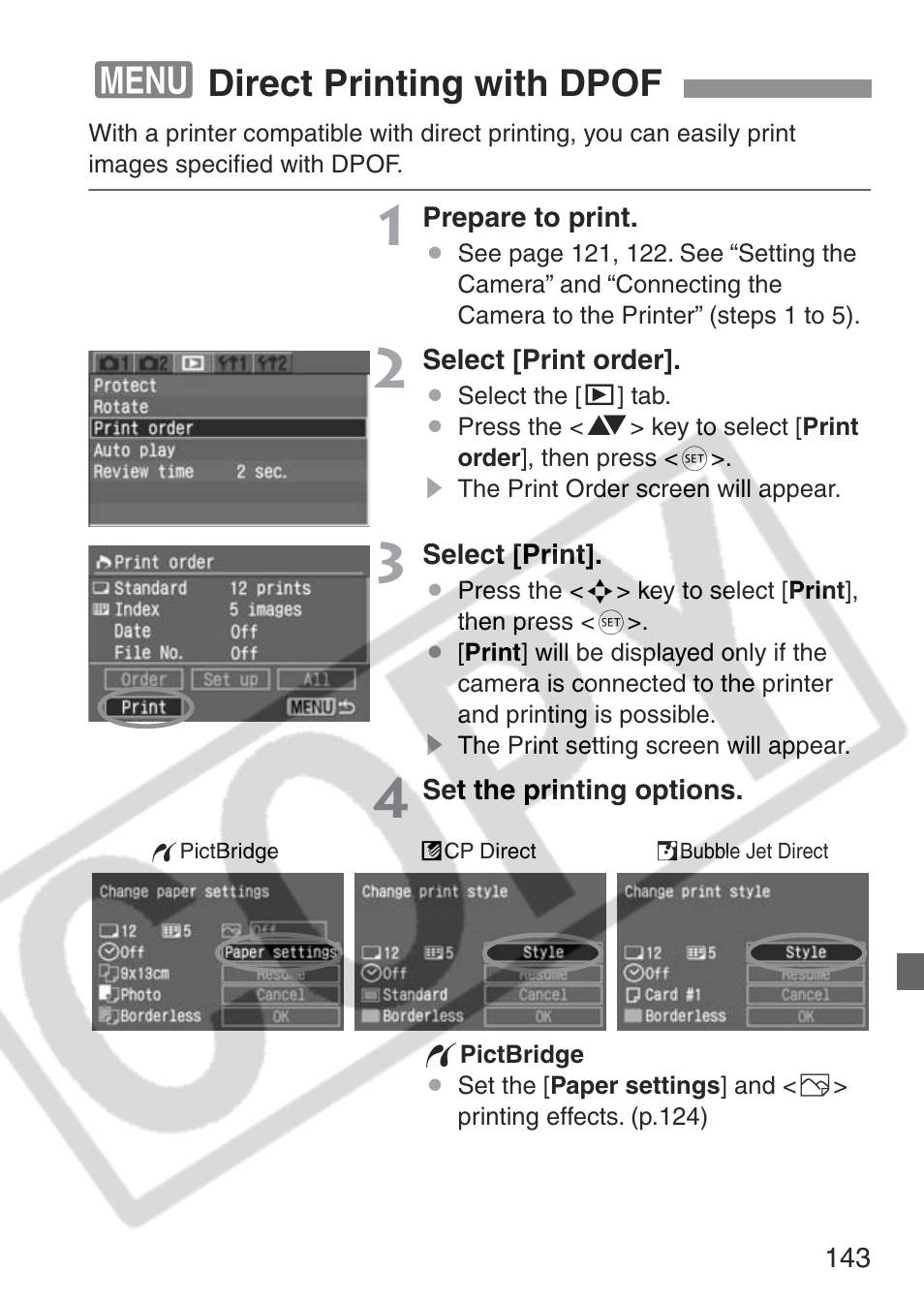 Direct printing with dpof | Canon EOS Rebel XT User Manual | Page 143 / 172