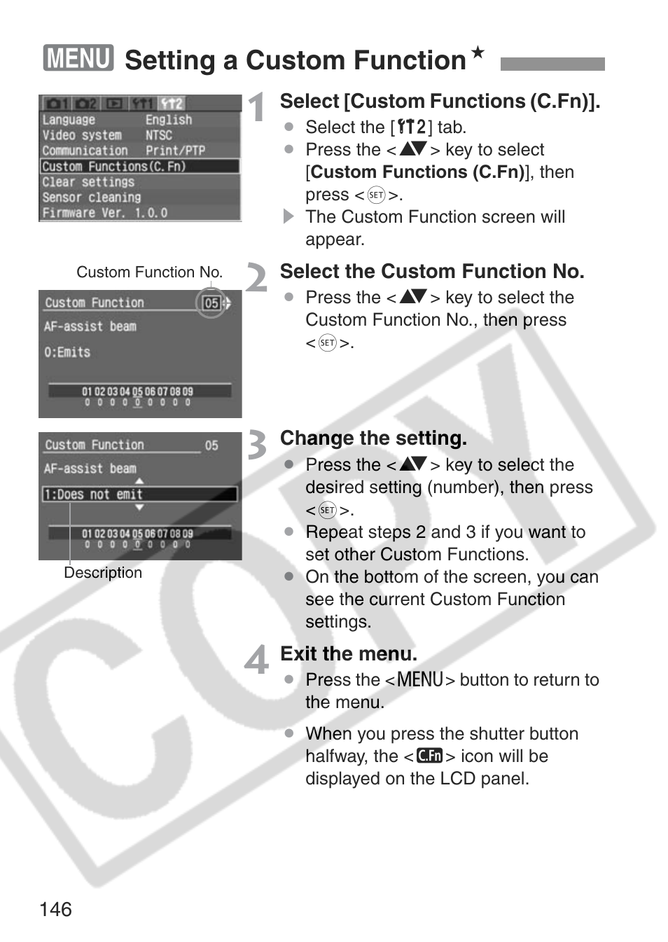 Setting a custom function n | Canon EOS Rebel XT User Manual | Page 146 / 172