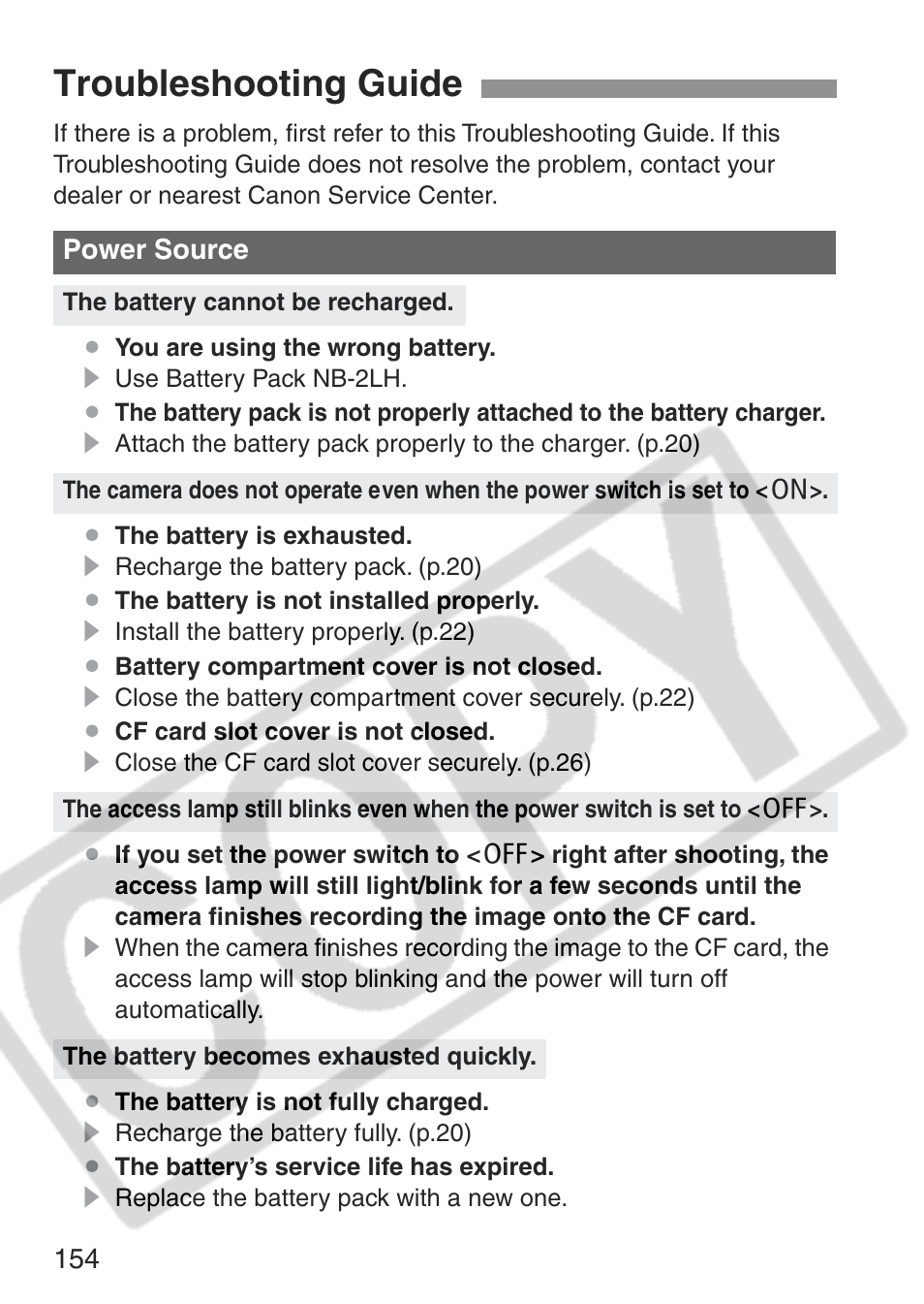 Troubleshooting guide | Canon EOS Rebel XT User Manual | Page 154 / 172