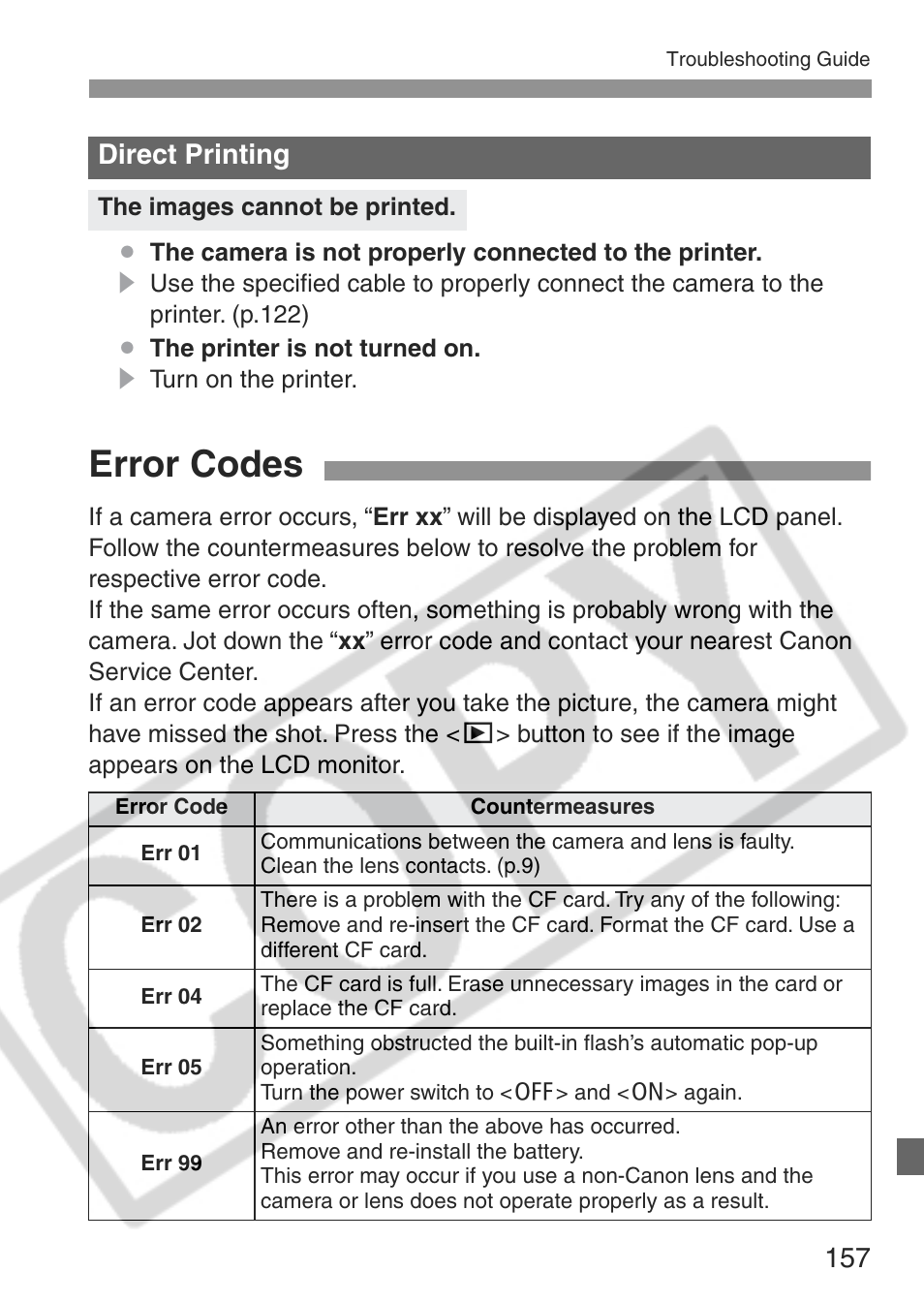 Error codes, Direct printing | Canon EOS Rebel XT User Manual | Page 157 / 172