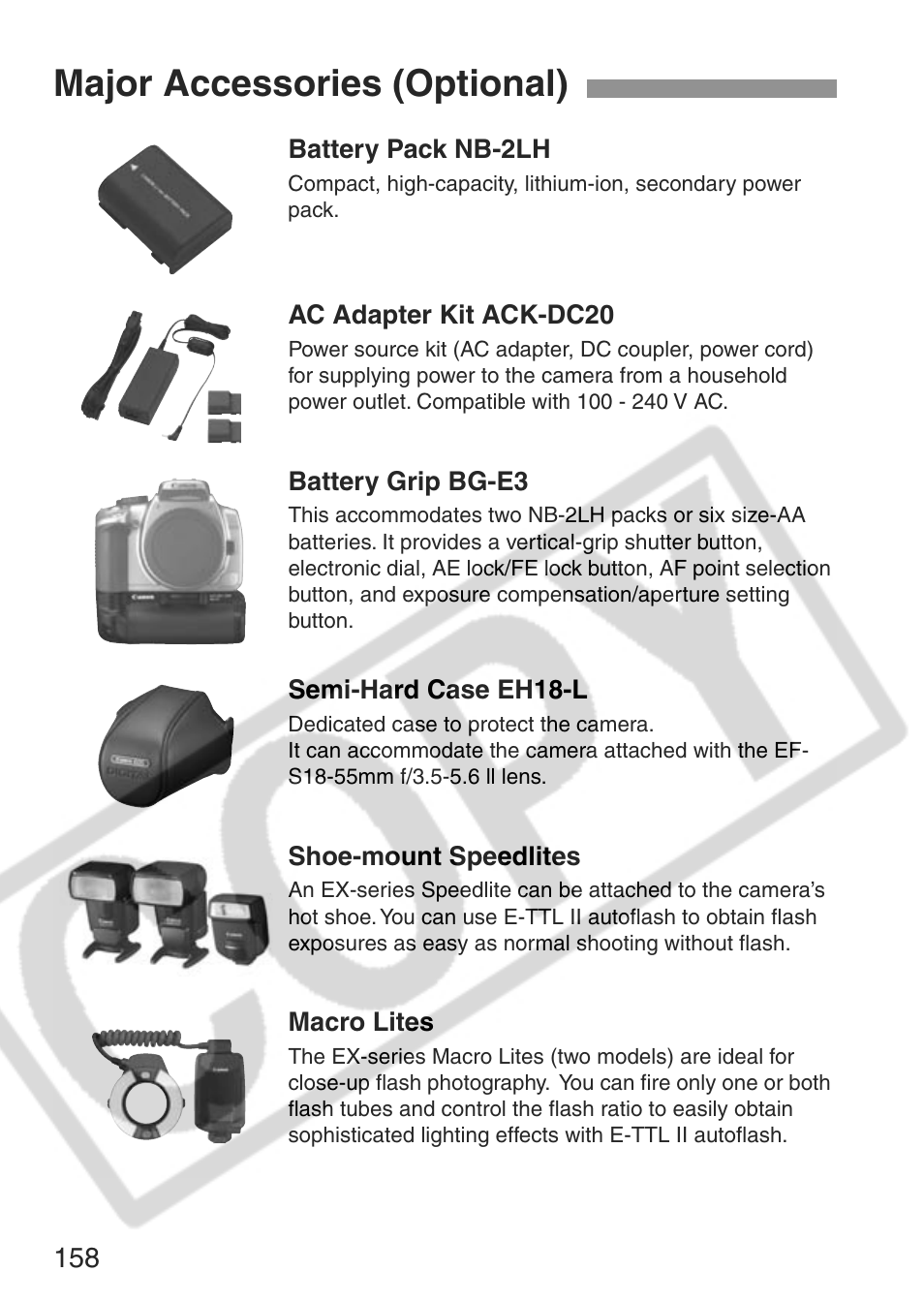 Major accessories (optional) | Canon EOS Rebel XT User Manual | Page 158 / 172