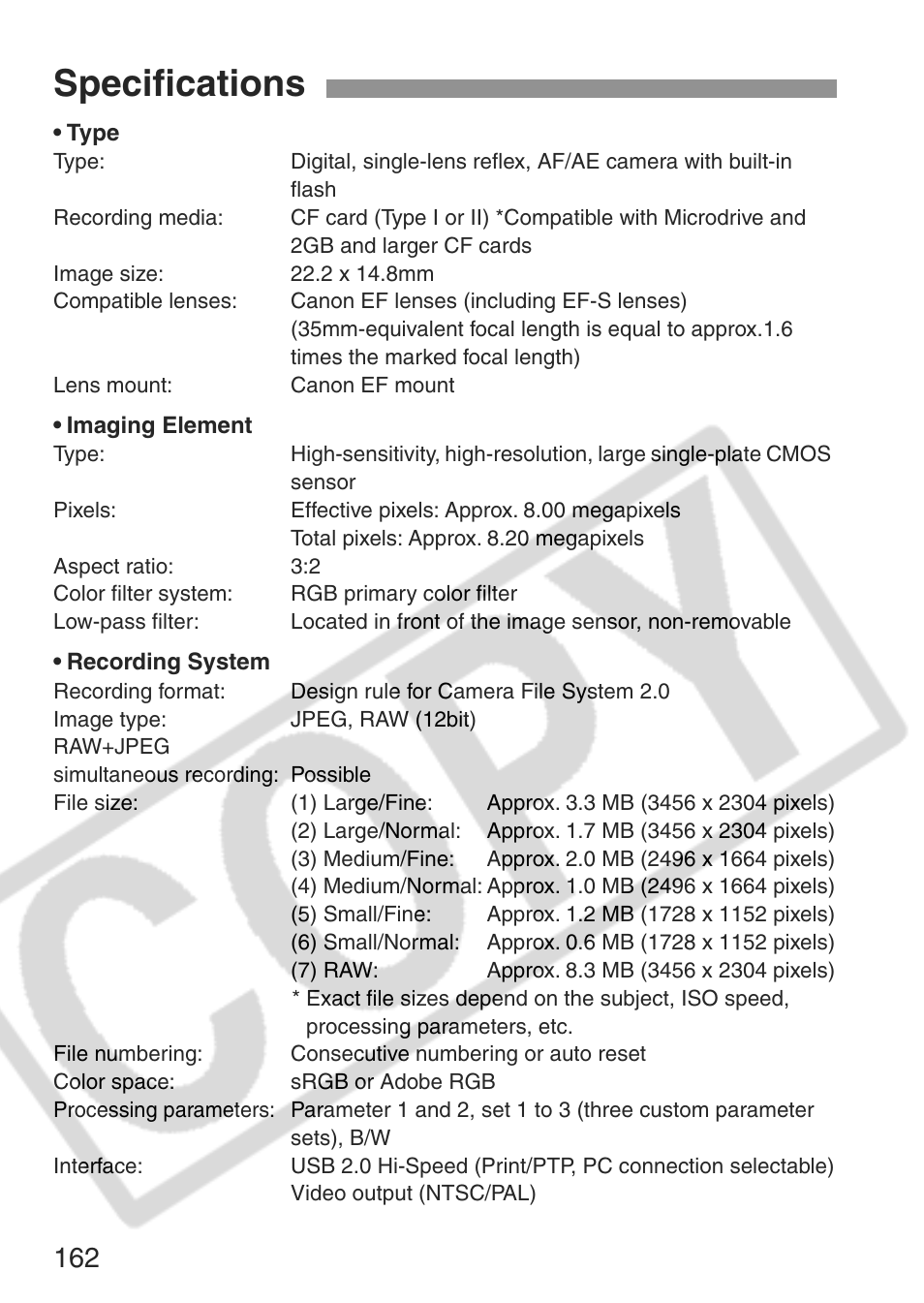 Specifications | Canon EOS Rebel XT User Manual | Page 162 / 172