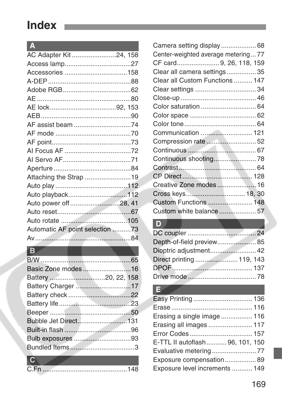 Index | Canon EOS Rebel XT User Manual | Page 169 / 172