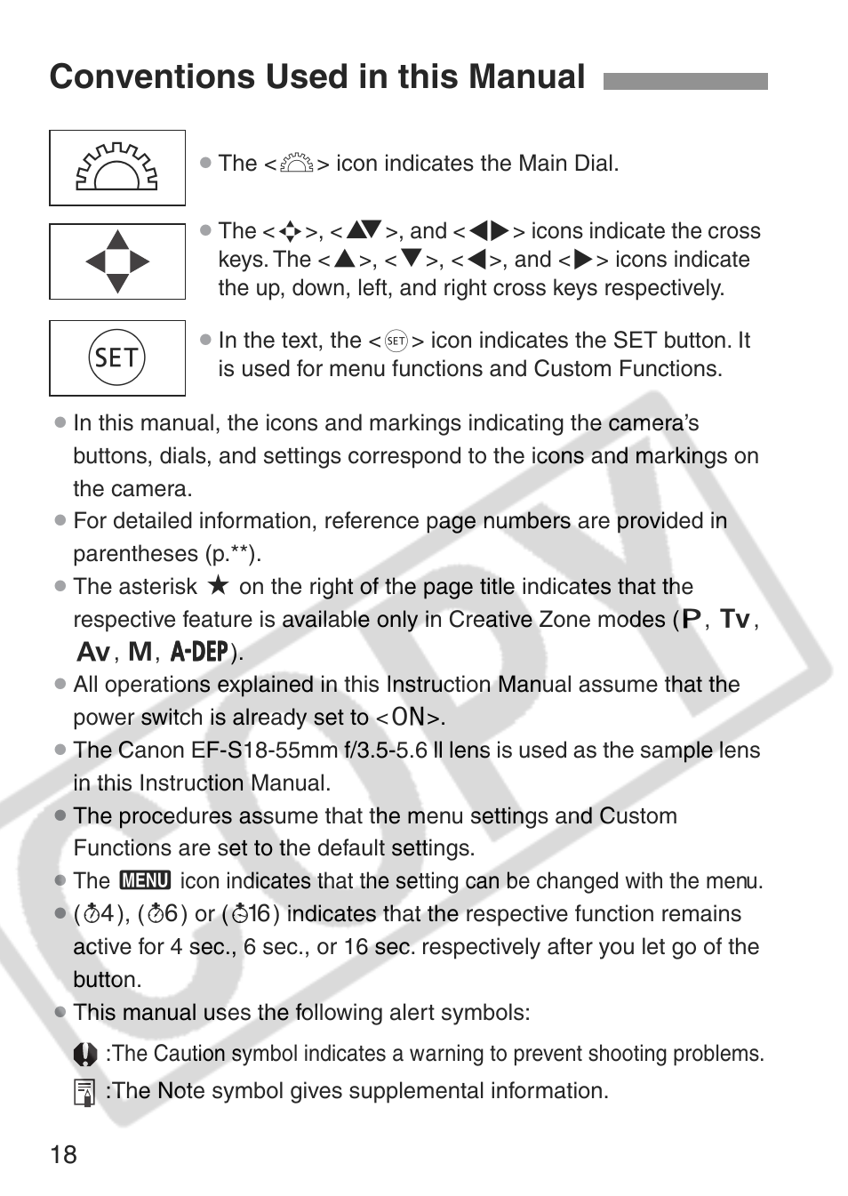 Conventions used in this manual | Canon EOS Rebel XT User Manual | Page 18 / 172