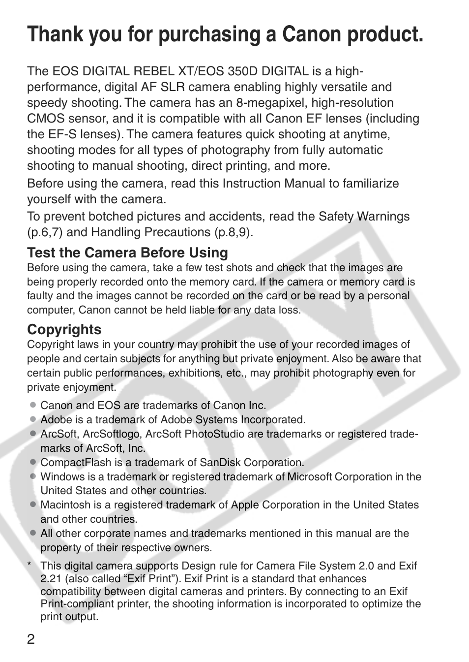 Test the camera before using, Copyrights | Canon EOS Rebel XT User Manual | Page 2 / 172