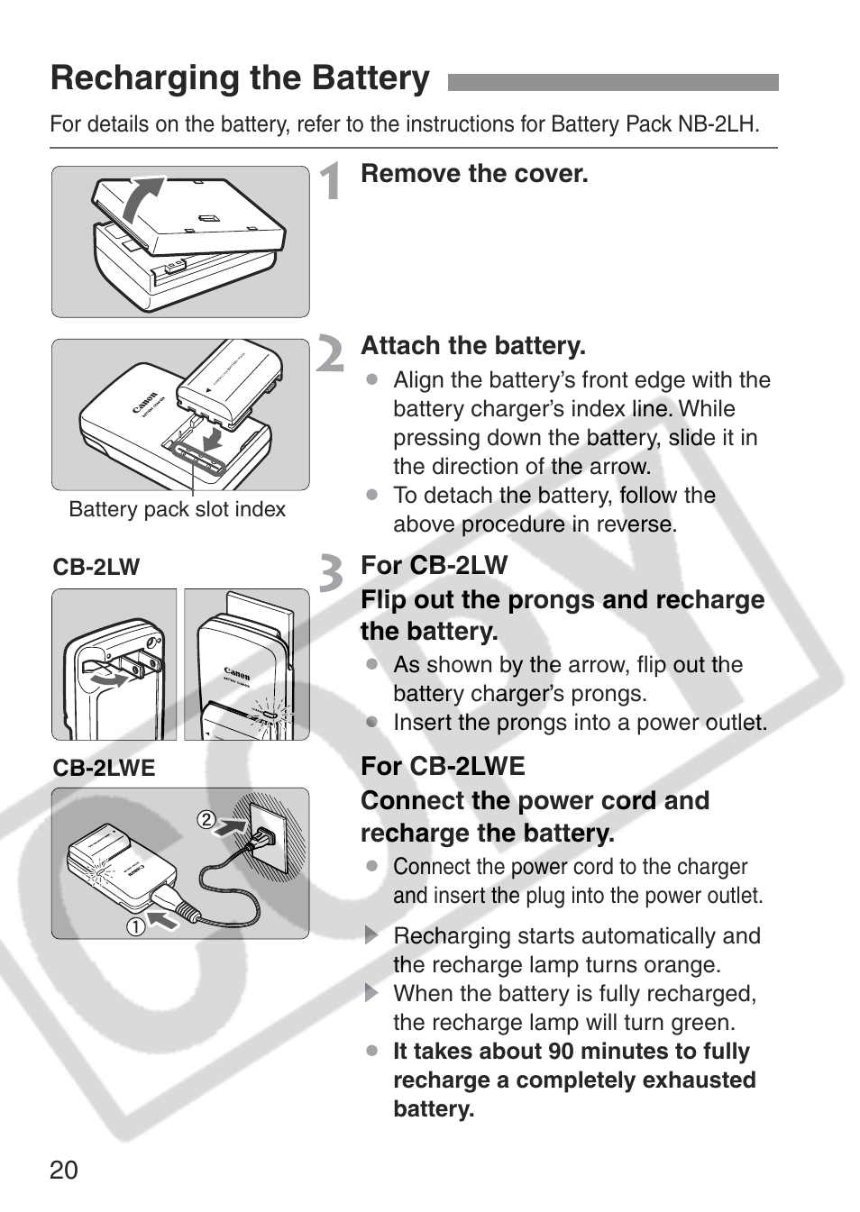 Recharging the battery | Canon EOS Rebel XT User Manual | Page 20 / 172