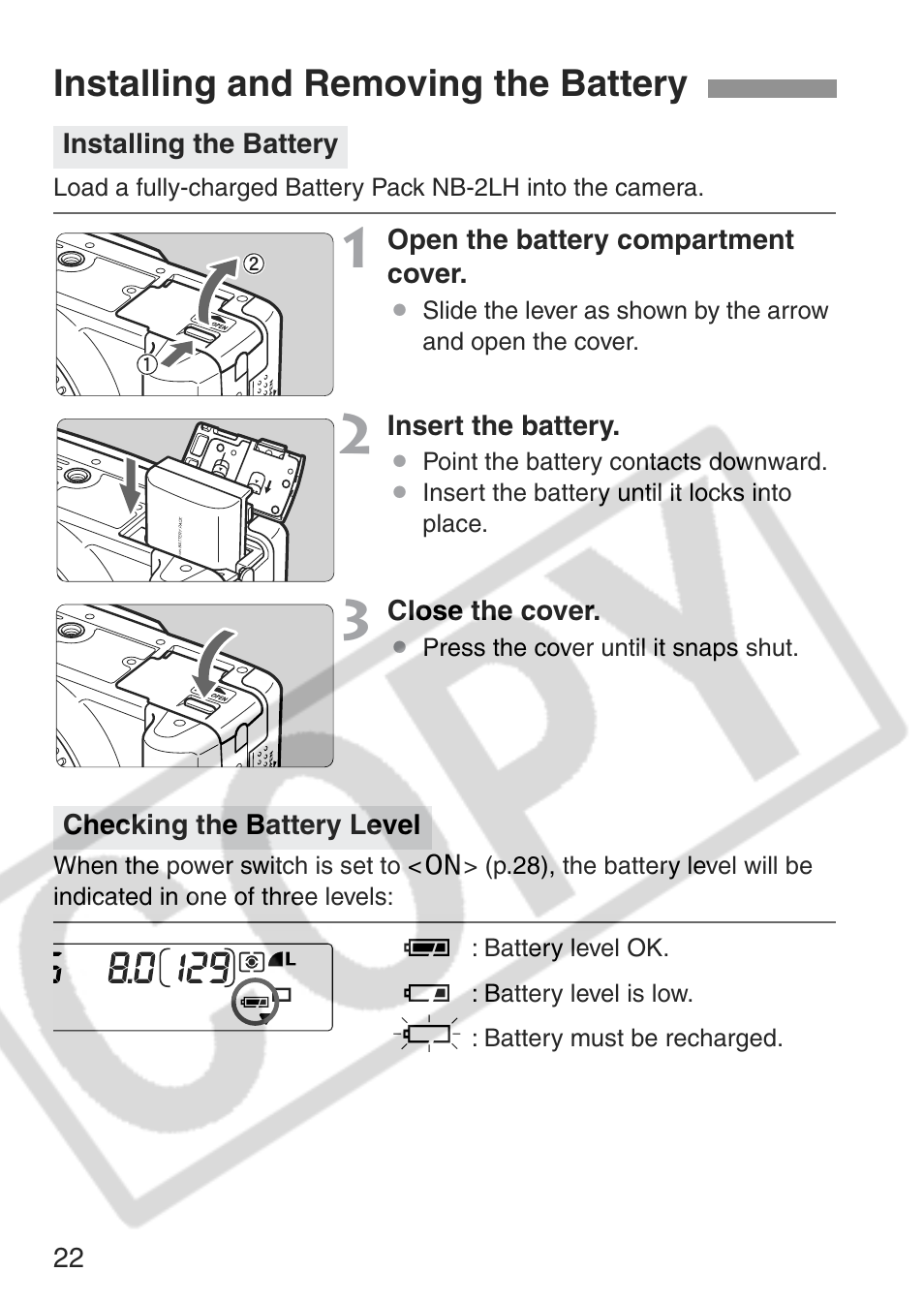 Installing and removing the battery | Canon EOS Rebel XT User Manual | Page 22 / 172