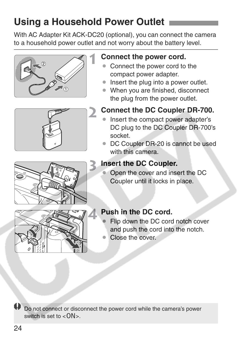 Using a household power outlet | Canon EOS Rebel XT User Manual | Page 24 / 172