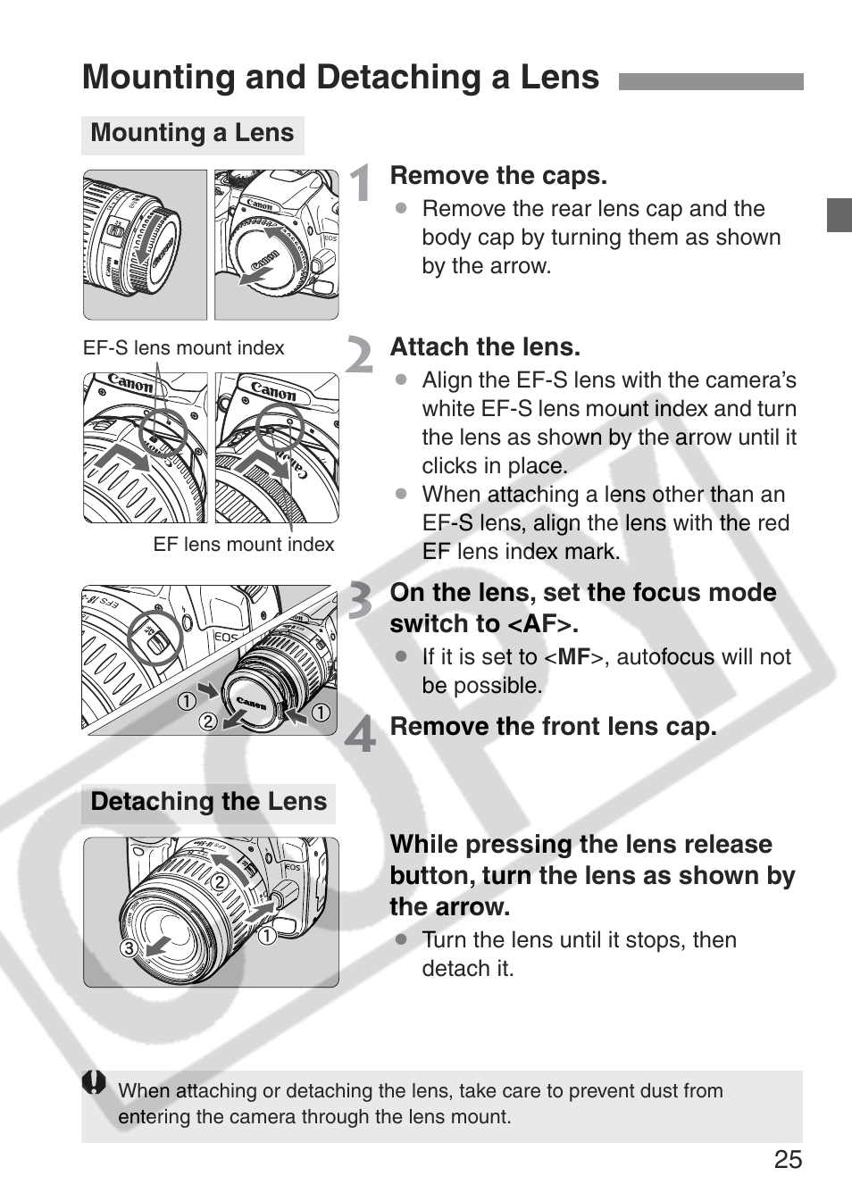 Mounting and detaching a lens | Canon EOS Rebel XT User Manual | Page 25 / 172