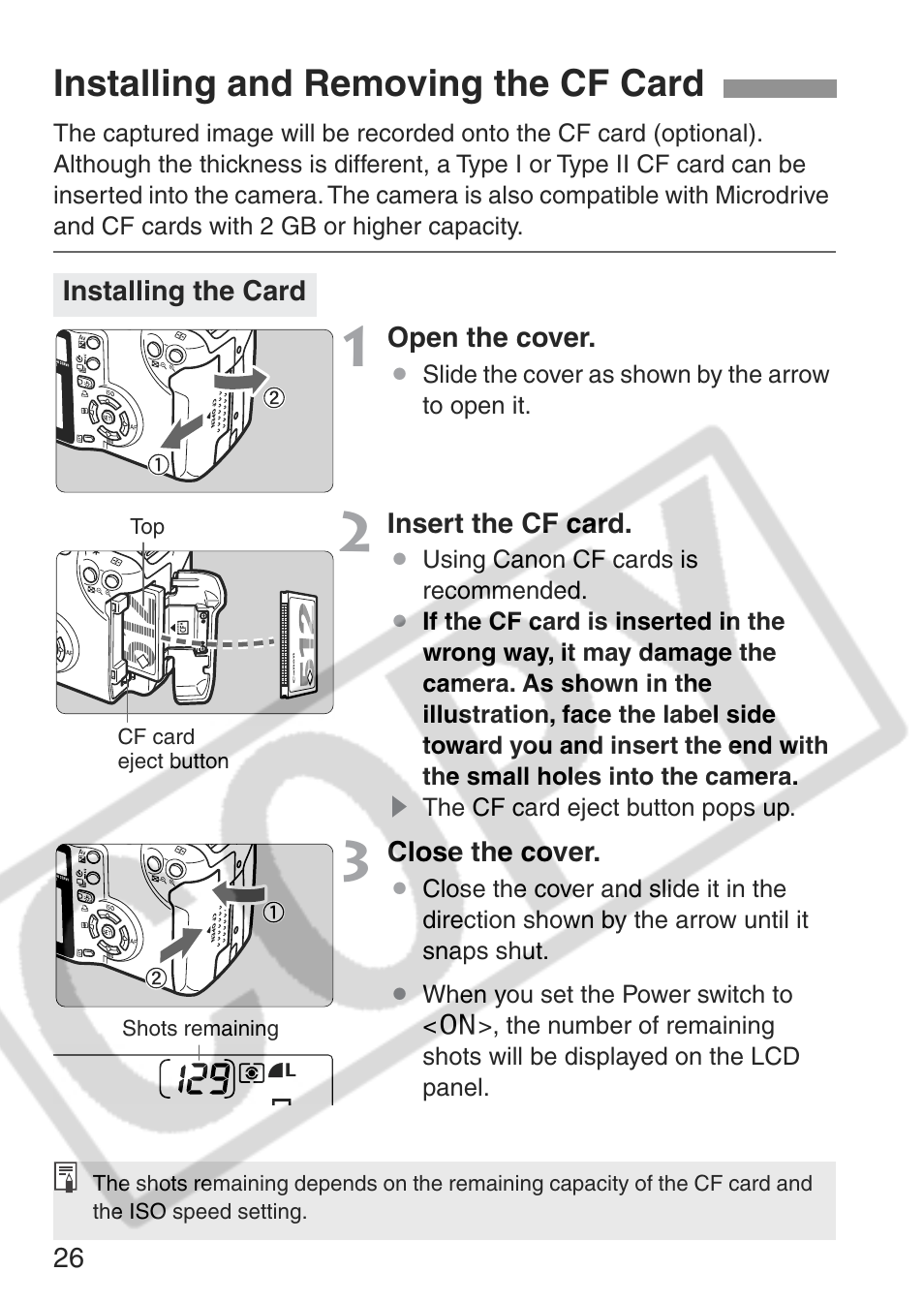 Installing and removing the cf card | Canon EOS Rebel XT User Manual | Page 26 / 172