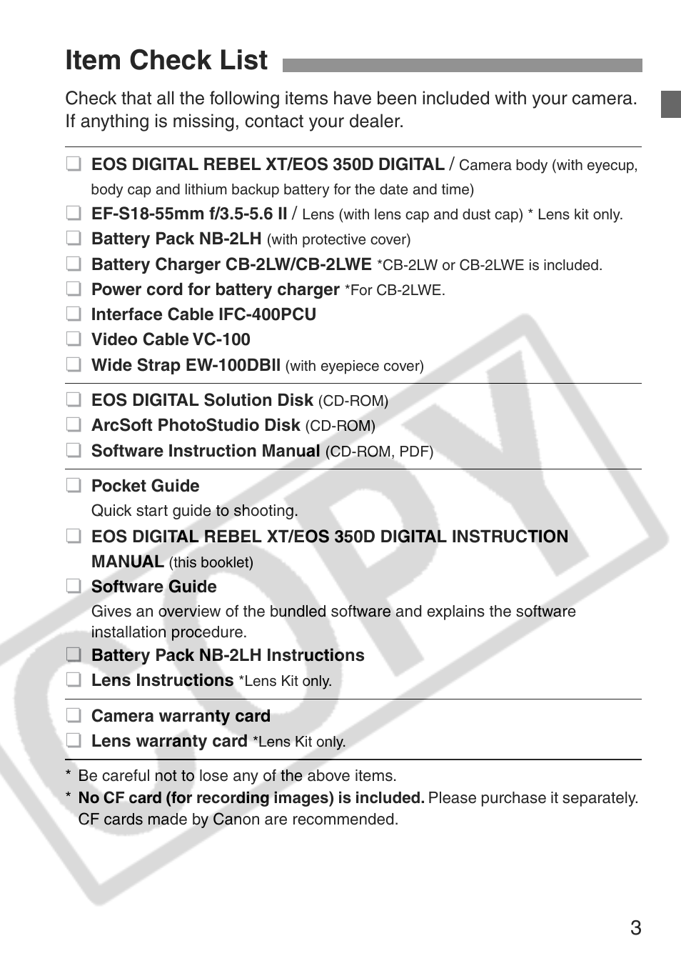 Item check list | Canon EOS Rebel XT User Manual | Page 3 / 172