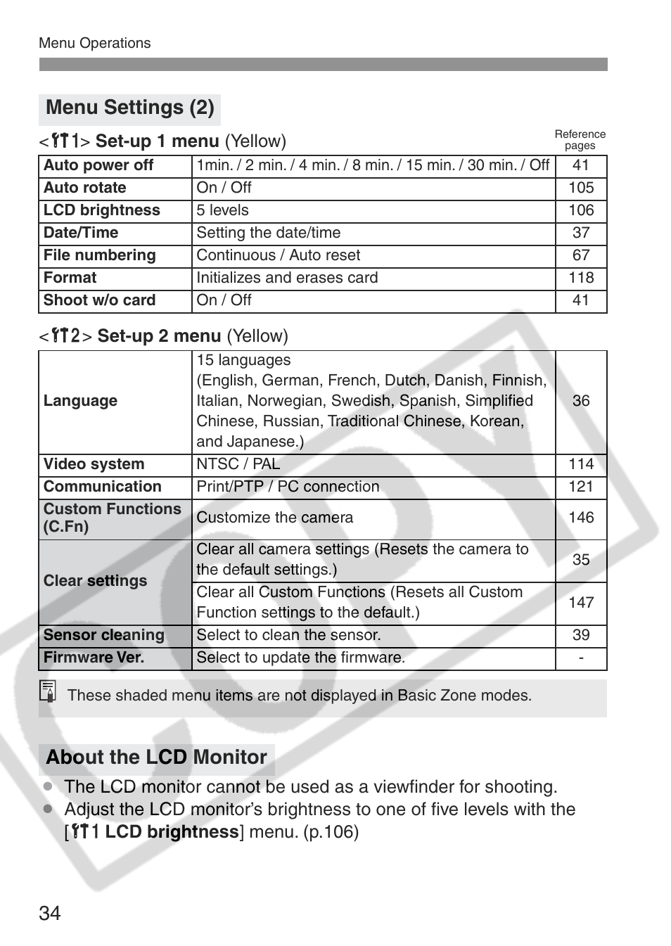 Menu settings (2), About the lcd monitor | Canon EOS Rebel XT User Manual | Page 34 / 172