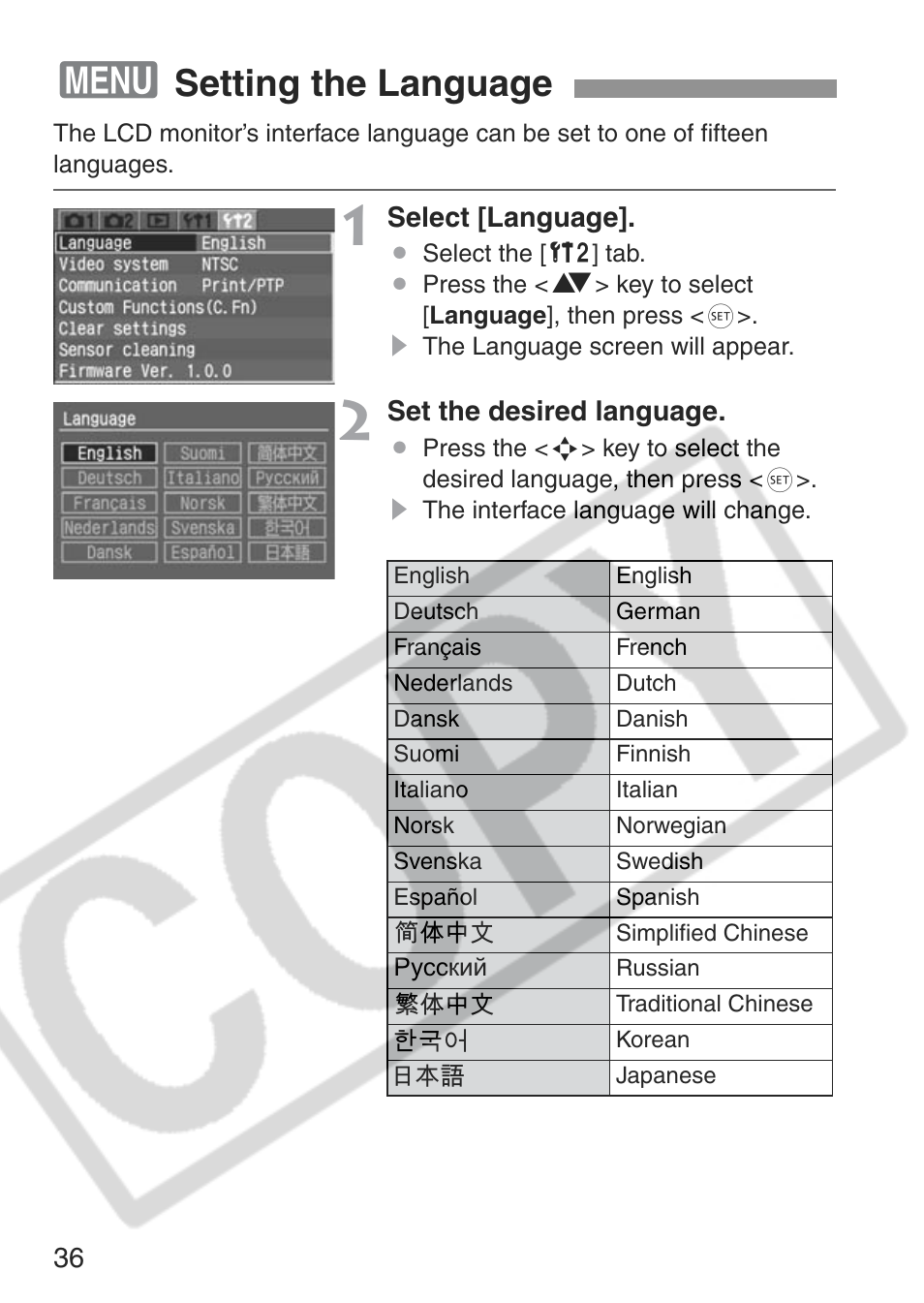 Setting the language | Canon EOS Rebel XT User Manual | Page 36 / 172