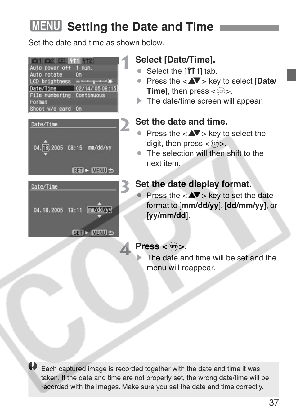 Setting the date and time | Canon EOS Rebel XT User Manual | Page 37 / 172