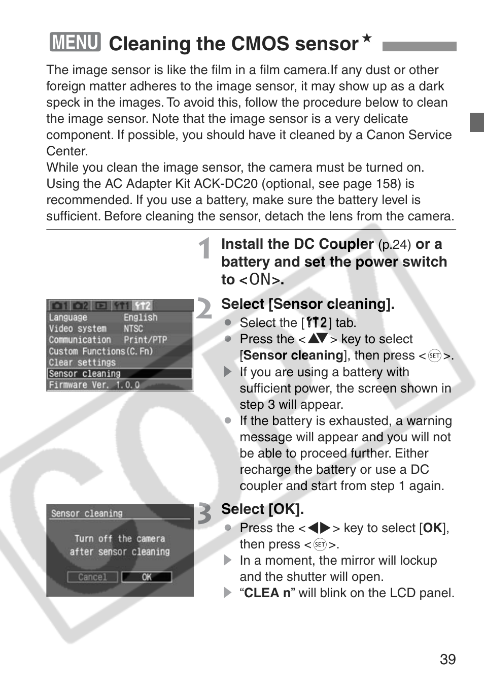 Cleaning the cmos sensor n | Canon EOS Rebel XT User Manual | Page 39 / 172