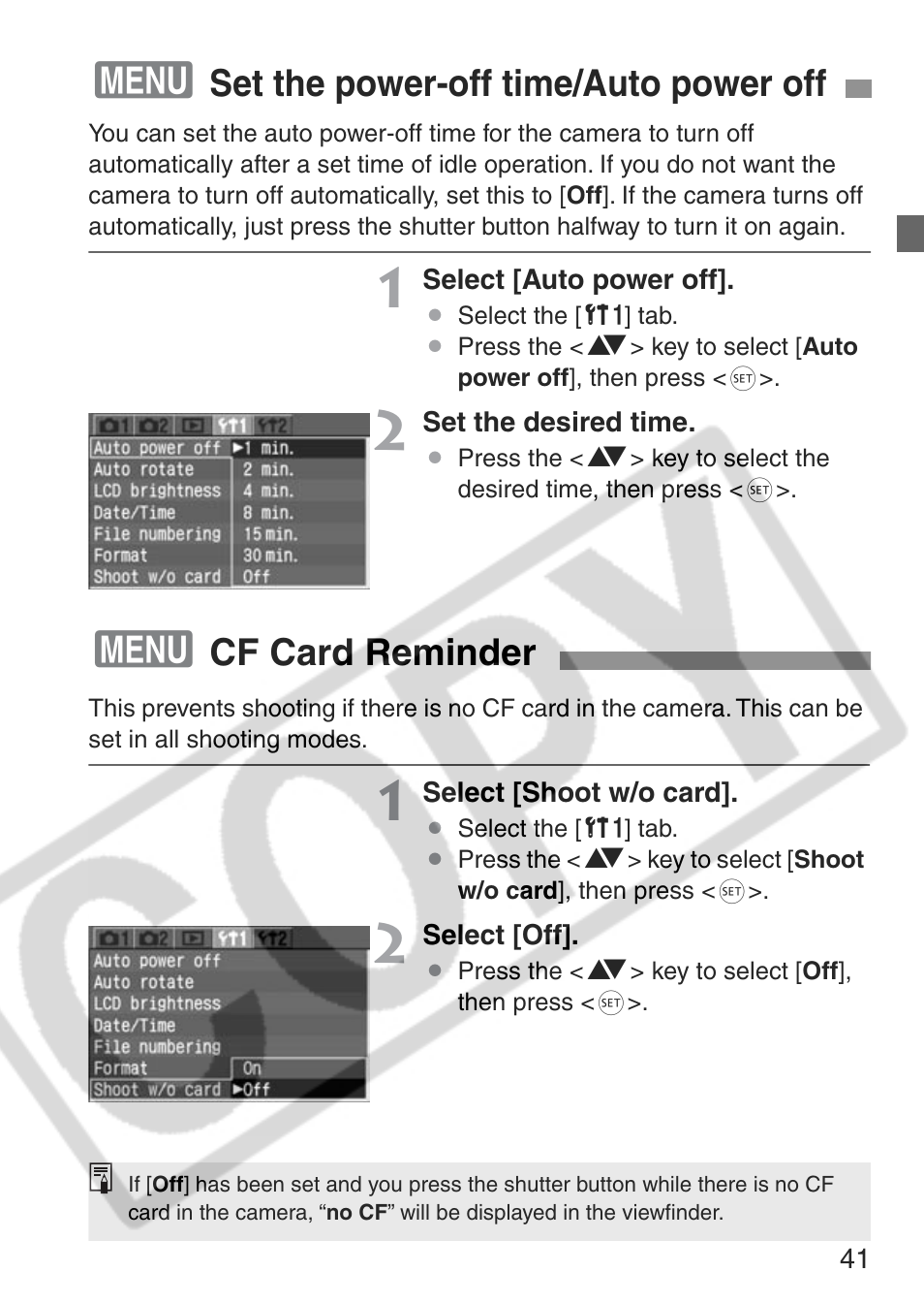 Set the power-off time/auto power off, Cf card reminder | Canon EOS Rebel XT User Manual | Page 41 / 172