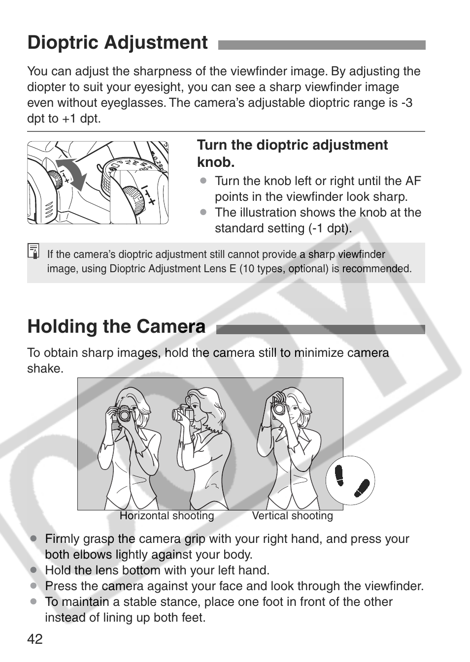 Dioptric adjustment, Holding the camera | Canon EOS Rebel XT User Manual | Page 42 / 172