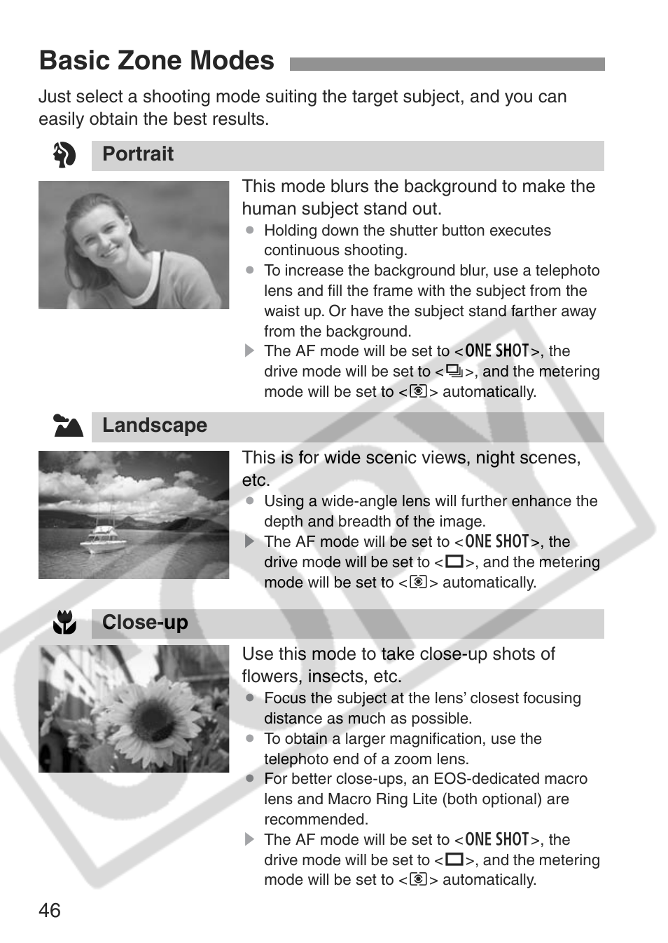 Basic zone modes 2, Portrait, Landscape | Close-up | Canon EOS Rebel XT User Manual | Page 46 / 172