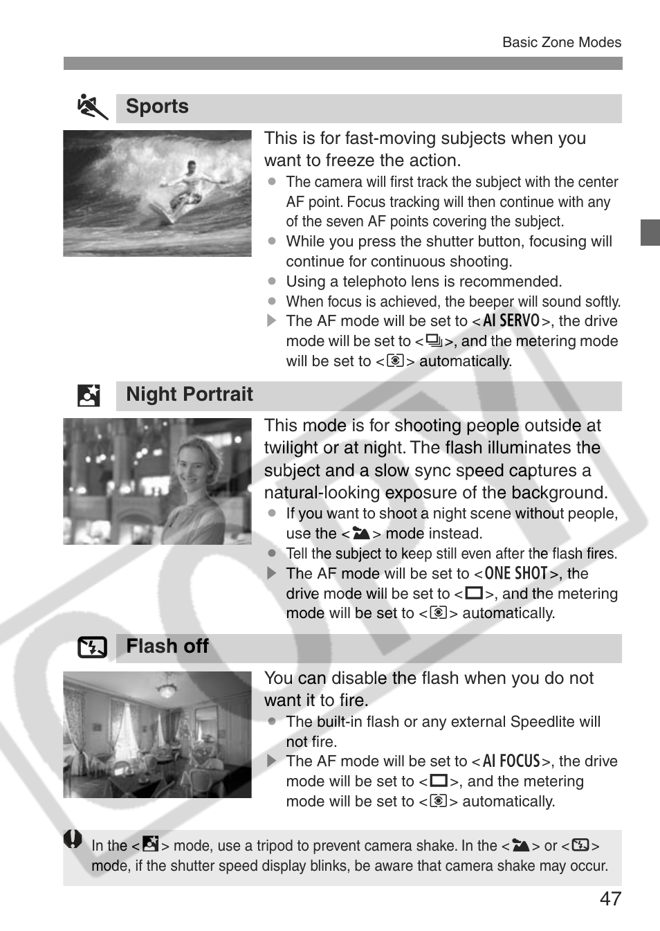 Sports, Night portrait, Flash off | Canon EOS Rebel XT User Manual | Page 47 / 172